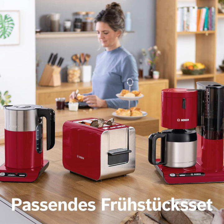 Cafetiera cu filtru Bosch Styline TKA8A054, Termos din oțel inoxidabil de 1,1 litri, Pentru 8-12 cești, Rezervor de apă detașabil, Stop picurare, Suport filtru pivotant, Compartiment de depozitare cablu, 1100 W, Roșu