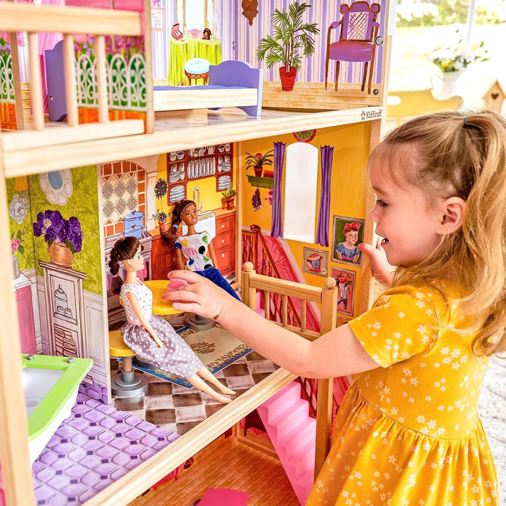 Casa de păpuși din lemn Kidkraft Kayla cu mobilier și accesorii, set de joacă cu 3 niveluri de joc pentru păpuși de 30 cm, jucărie pentru copii de la 3 ani, 65092 - Exclusiv pe Amazon