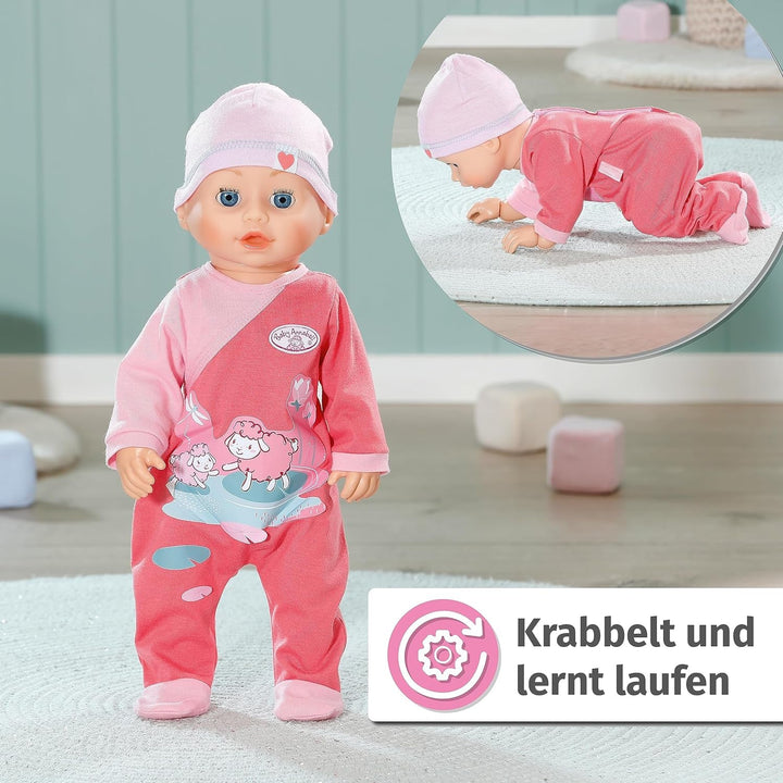 Baby Annabell Emily Run With Me 43cm, păpușă care se târăște și merge, cu funcție de sunet, rochiță și pălărie roz, 710623 Zapf Creation