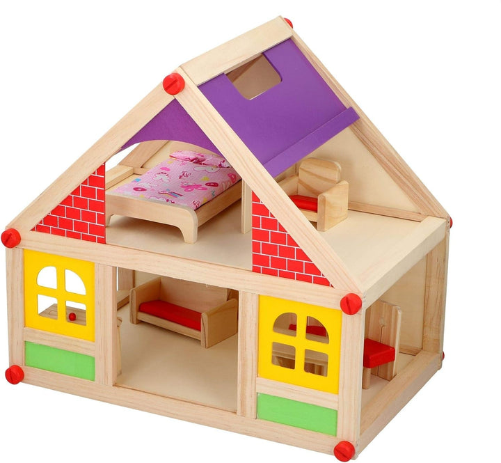 Marionette Wooden Toys - Casă de păpuși din lemn cu mobilier și păpuși - 11 bucăți