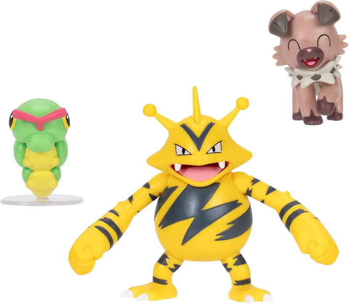 Pokémon PKW3892 - Set de figuri de luptă - Raupy, Wuffels, Elektek, Set oficial de figuri