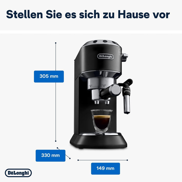 De'Longhi Dedica Style EC 685.B – Espressor portafiltru, espressor cu spumator de lapte profesional, doar 15 cm lățime, pentru cafea măcinată sau capsule ESE, rezervor de apă de 1 L, negru
