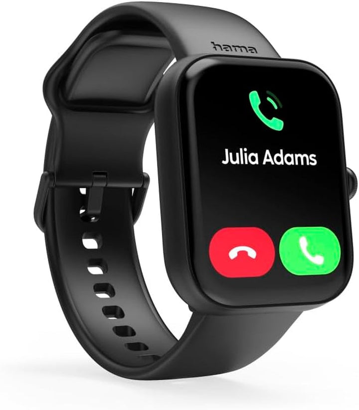 Hama Smartwatch (ecran color 1.65", funcție telefon, Whatsapp, e-mailuri etc., asistent vocal, rezistent la apă, fitness tracker cu 100 de sporturi + ritm cardiac, oxigen din sânge, calorii etc.) negru