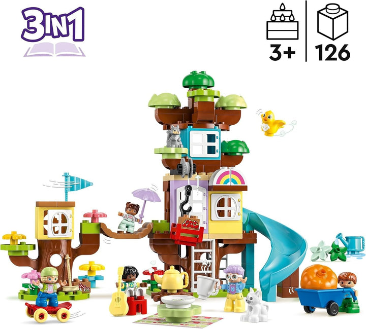 LEGO 10993 DUPLO 3-In-1 Tree House Jucărie pentru copii mici de la 3 ani, fete și băieți cu 4 figuri, animale, jucărie de construcție cu blocuri de construcție și un tobogan, jucărie educativă