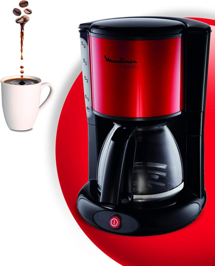 Cafetieră cu filtru Moulinex Subito, ulcior din sticlă, 10-15 cești, capacitate 1,25 litri, funcție de oprire automată, filtru detașabil, indicator nivel apă, oțel inoxidabil, roșu/negru, FG360D