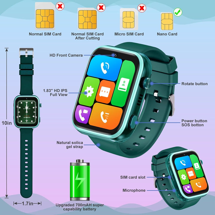 4G smartwatch pentru copii, GPS tracker, mai multe stiluri de desktop pentru a alege de la, apeluri bidirecționale, competență imagine, SOS, Wi-Fi, touchscreen rezistent la apă pentru 4-12 băieți și fete (verde)