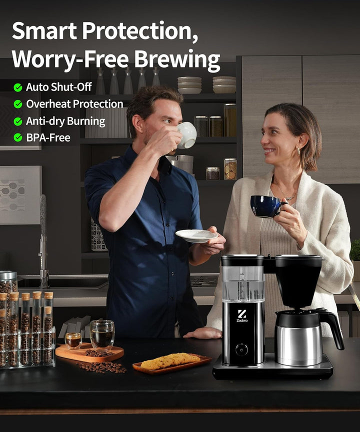 Cafetieră cu filtru Cu termos de 1,25L, preparare rapidă 4,5 min., control al temperaturii 92°C Pid, oprire picurare 30S, filtru reutilizabil, curățare automată, fără Bpa, design din oțel inoxidabil