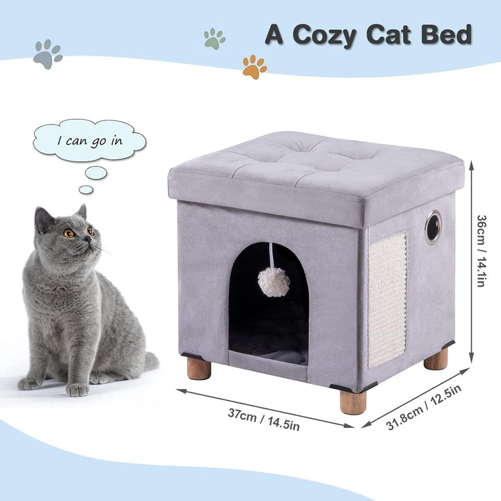 BRIAN & DANY Peșteră pliabilă pentru pisici mari, Casă pentru pisici cu zgârietură și minge de joacă, Taburet tip piept cu picioare din lemn 37 x 31,8 x 36 cm, Gri