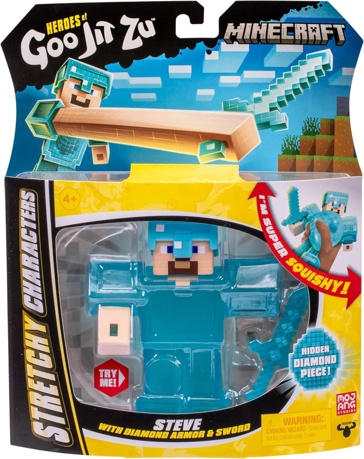 Heroes of Goo Jit Zu - figură Minecraft extensibilă - Steve cu armură și sabie de diamant, umplutură Goo super elastică cu element de diamant ascuns în interior, extensibilă până la trei ori dimensiunea