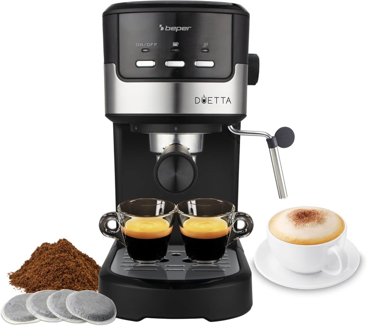 Beper P101CAF100 Duetta Espresso Coffee Maker, 1100W, compatibil cu poduri și cafea pudră, cafetieră cu braț dublu, 15 bar, încălzitor de cești, cupă de măsurare și presă incluse, negru