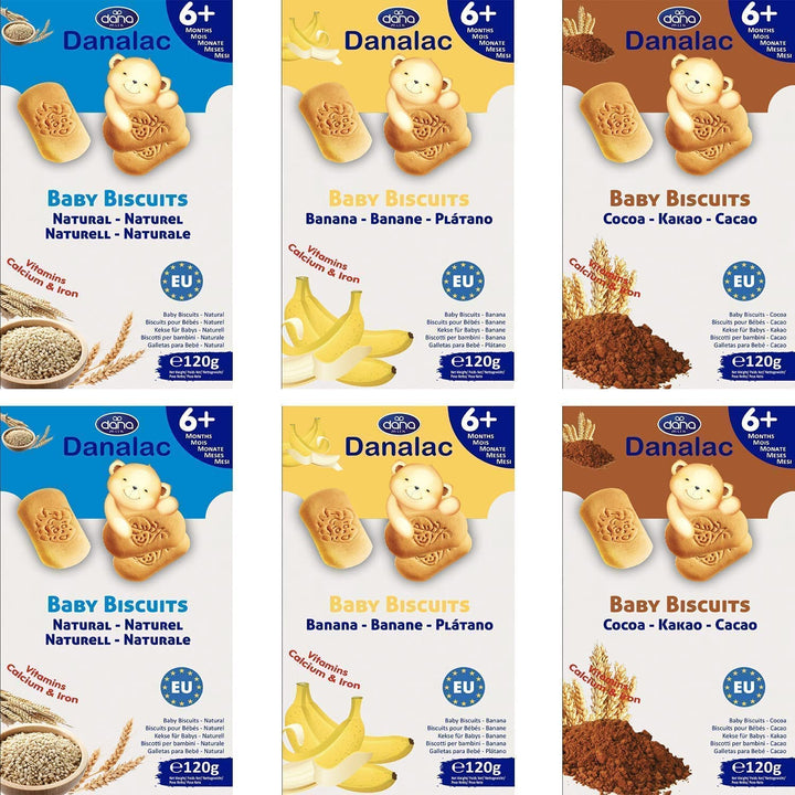 DANALAC Babykekse 120G Kombi-Snack-Pack - 2 Banane, 2 Kakao, 2 Natural Plain - Snacks Und Nahrung Für Kleinkinder Ab 6 Monaten Mit Kalzium, Eisen Und Vitaminen