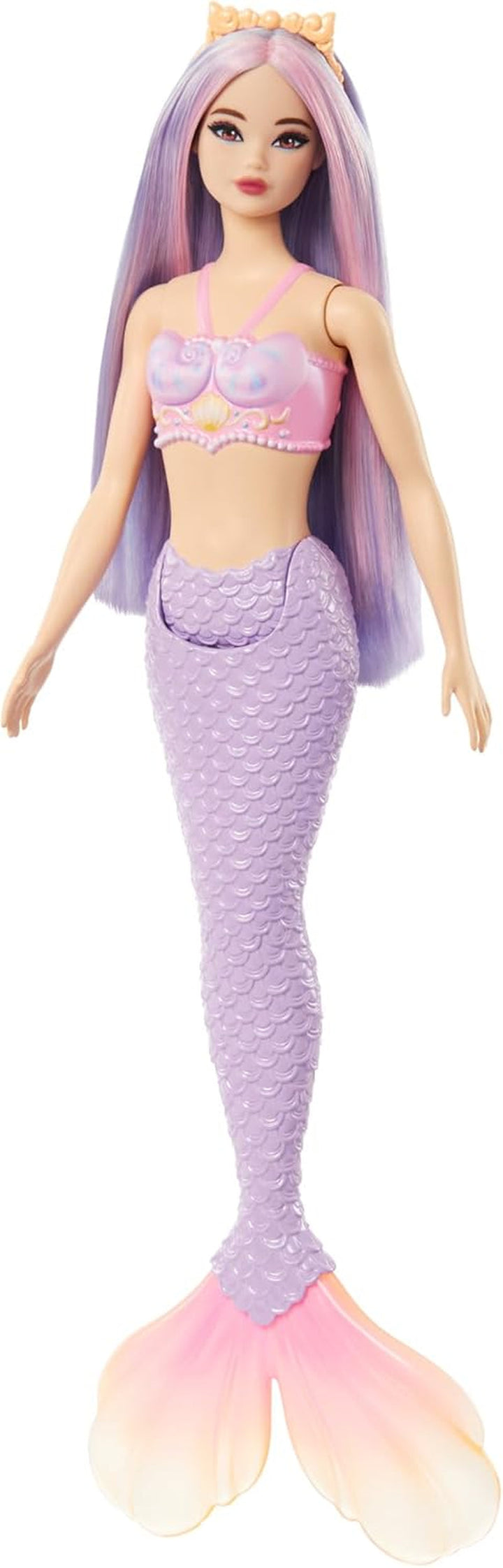 Păpușă sirenă Barbie cu păr fantezie în roz și lila cu bentiță, păpușă cu partea de sus din scoică și aripioară din coadă albastru lavanda, HRR06