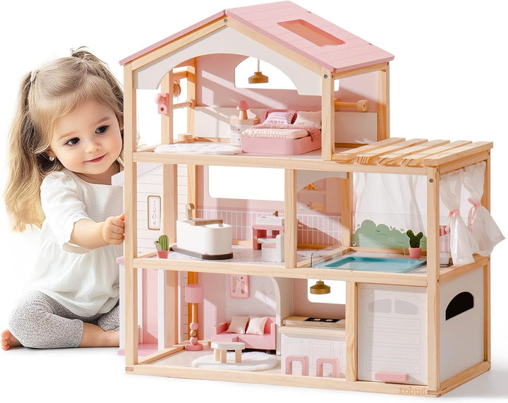 ROBUD Casă de păpuși din lemn, vilă de păpuși cu mobilier, cu lift, garaj, pavilion și piscină, cadou pentru copii de 3, 4, 5, 6 ani și mai mari, roz Casute de papusi Naty Shop