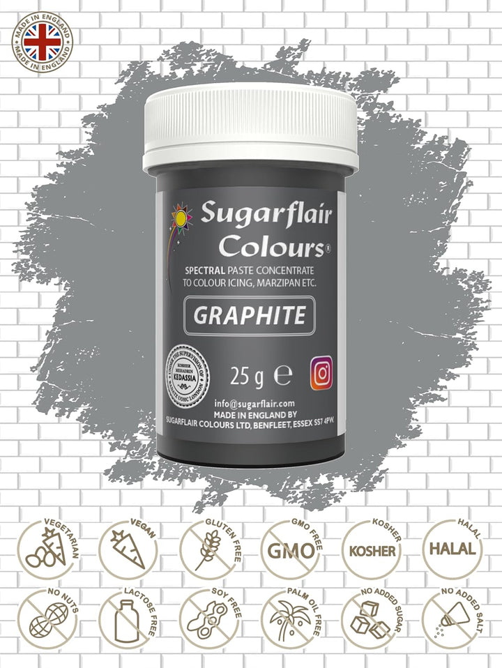 Sugarflair Spectral Graphite Lebensmittelfarbe Paste, Hochkonzentrierte Lebensmittelfarbe Für Buttercreme, Zuckerpaste, Royal Icing, Kuchenmischungen Und Mehr! Lebensmittelfarbstoff - 25G