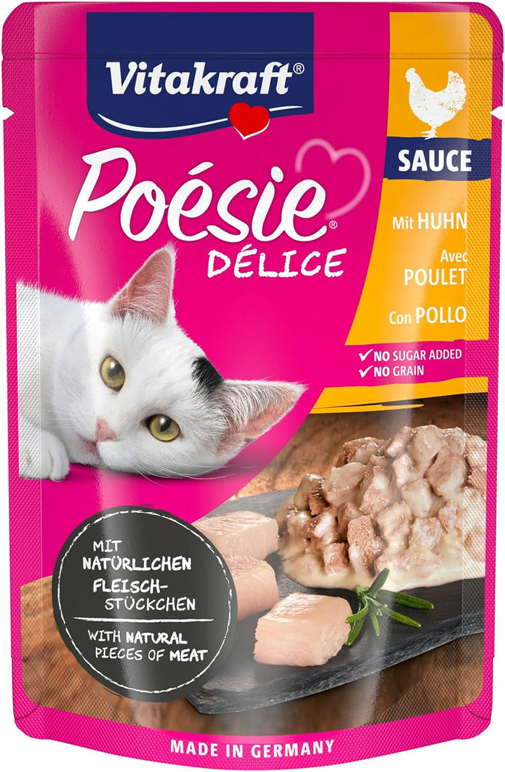 Vitakraft Poésie Délice, hrană umedă pentru pisici, hrană umedă pentru pisici în sos, cu pui, preambalată, fără zahăr și cereale adăugate (23X 85G)
