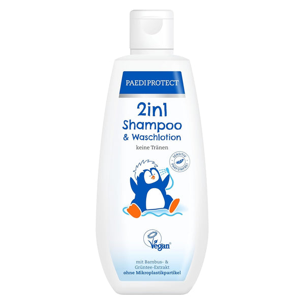 PAEDIPROTECT 2in1 șampon și loțiune de spălare pentru bebeluși și copii 200 ml, curățare delicată și păr fără parfum și microplastice, gelul de duș hidratează pielea uscată și sensibilă, de asemenea pentru adulți