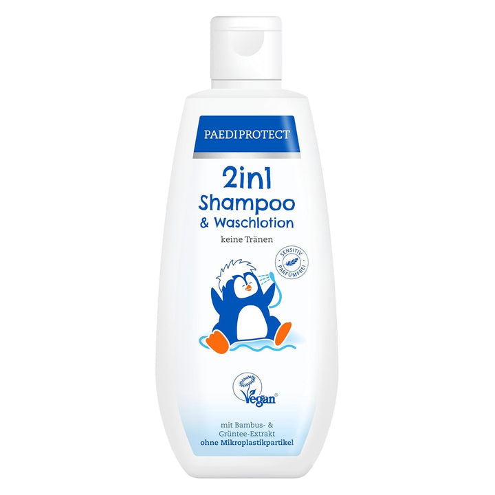 PAEDIPROTECT 2in1 șampon și loțiune de spălare pentru bebeluși și copii 200 ml, curățare delicată și păr fără parfum și microplastice, gelul de duș hidratează pielea uscată și sensibilă, de asemenea pentru adulți