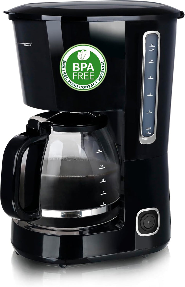 Emerio CME-122933, Cafetieră cu filtru, 1,25 l pentru până la 10 cești de cafea proaspătă, filtru permanent detașabil, funcție anti-picurare, cafetieră din sticlă, oprire automată, 1000 wați, negru/argintiu
