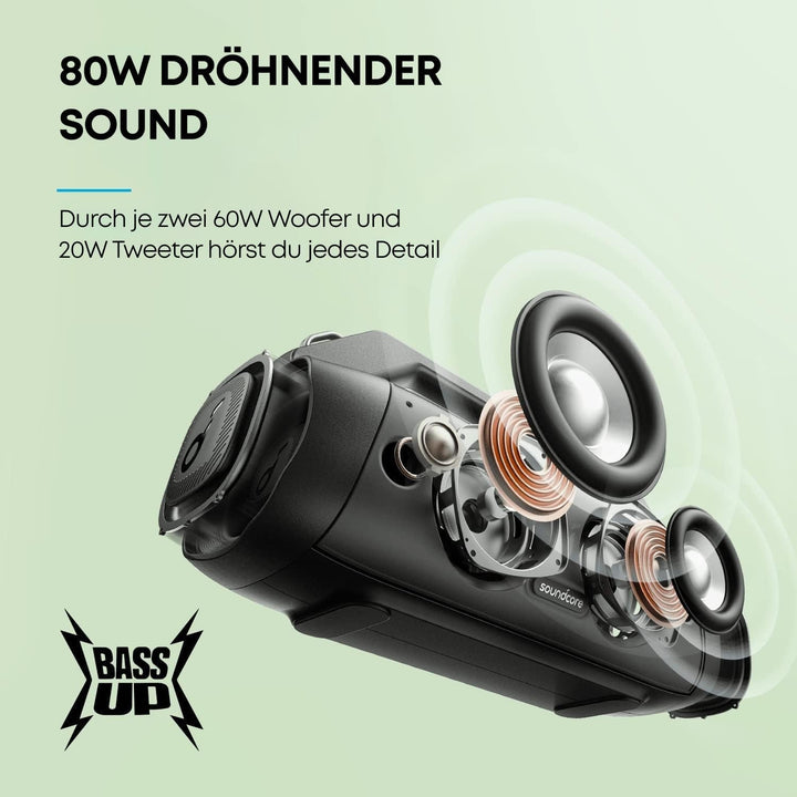 Soundcore Anker Motion Boom plus Difuzor de exterior IP67, sunet stereo 80W, EQ individual și bassup, USB-C, Bluetooth, power bank integrat, rezistent la apă, pentru camping, piscină, plajă, grădină