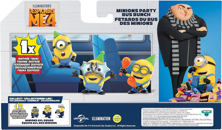 MINIONS I - Simply Incorrigible 4, pachet de 4 figurine Party Bus Troupe. Figurine de colecție înalte de 5,8 cm. Pachetul conține 3 figurine vizibile plus 1 figurină surpriză ascunsă