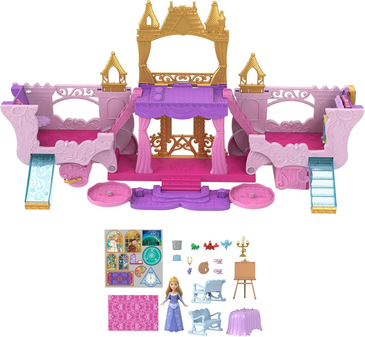 Mattel Disney Princess Transforming Playset Carriage to Castle With Little Aurora Doll, 3 nivele, 6 zone de joc, 4 figuri, mobilier și accesorii HWX17