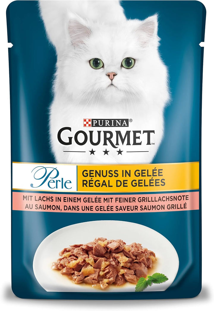 PURINA Gourmet Pearl Indulgence in Jelly Hrană umedă pentru pisici & PURINA Gourmet Pearl Indulgence in Jelly Hrană umedă pentru pisici cu somon & somon fin la grătar 26Pack (26 X 85G)