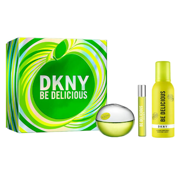 Set cadou DKNY Be Delicious pentru femei - Apă de parfum 100ml, Format călătorie 15ml, Gel de duș 150ml - Parfum fructat verde cu măr, Acțiune de lungă durată
