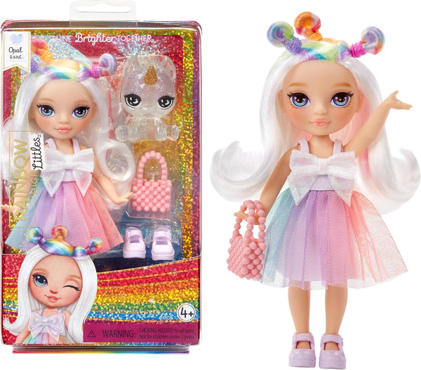 Rainbow High Littles - Opal Raine - păpușă mică, mobilă - păpușă mare de 14 cm în culorile curcubeului cu geantă și unicorn magic - pentru copii și colecționari