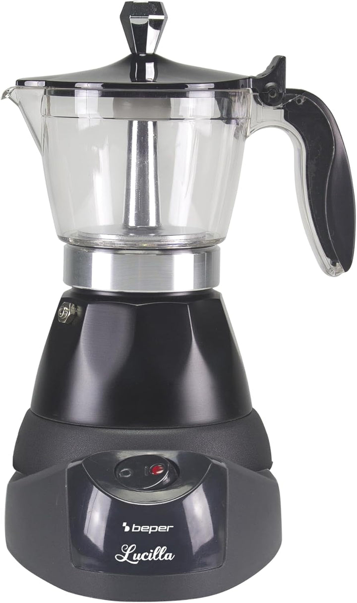 BEPER BC.041N Cafetiera electrică Lucilla - Espresso Maker pentru 3 cești cu timer programabil până la 24 de ore în avans - cafea fierbinte timp de 30 de minute, negru