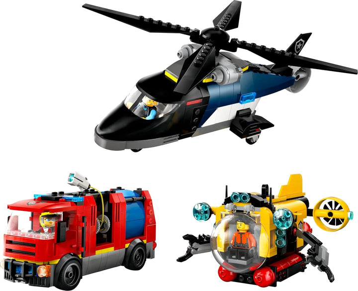 Set combinat LEGO City cu elicopter, mașina leului și submarin și 3 minifigurine - vehicule de jucărie construibile pentru băieți și fete de la 7 ani - cadou de ziua de naștere și de vacanță 60462