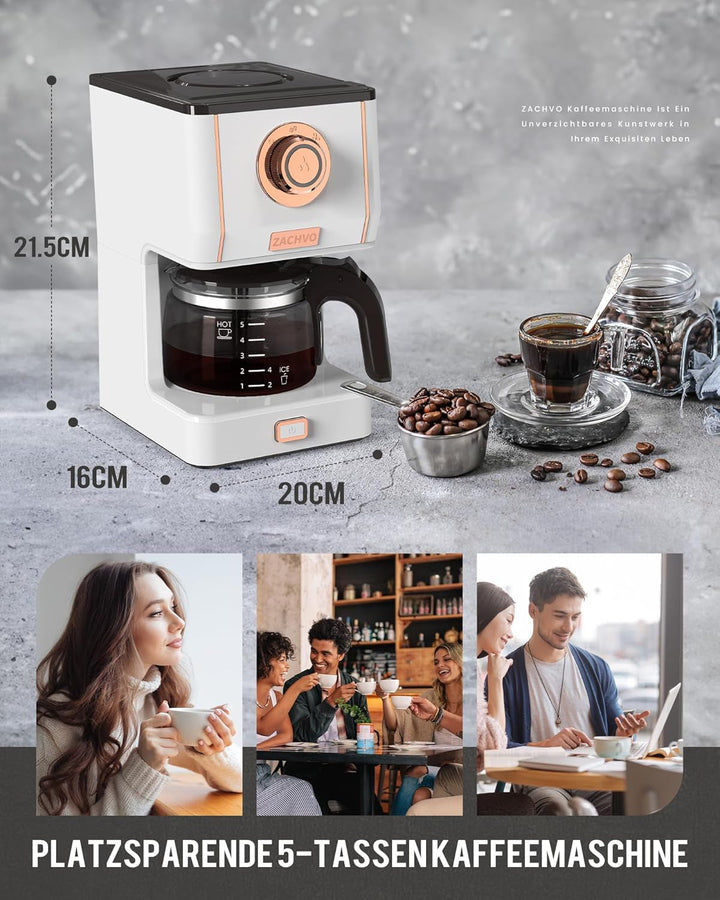 ZACHVO filtru de cafea cu ulcior de sticlă, filtru de cafea, 5 cești, capacitate 650ml, filtru reutilizabil, oprire picurare, oprire automată, funcție de menținere la cald 30min, 3 moduri de preparare