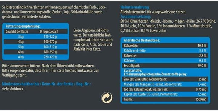 Dehner Wild Nature hrană pentru pisici Gebirgssee, hrană umedă fără cereale, pentru pisici adulte, somon / păstrăv, cutie 6 X 400 G (2,4 kg)