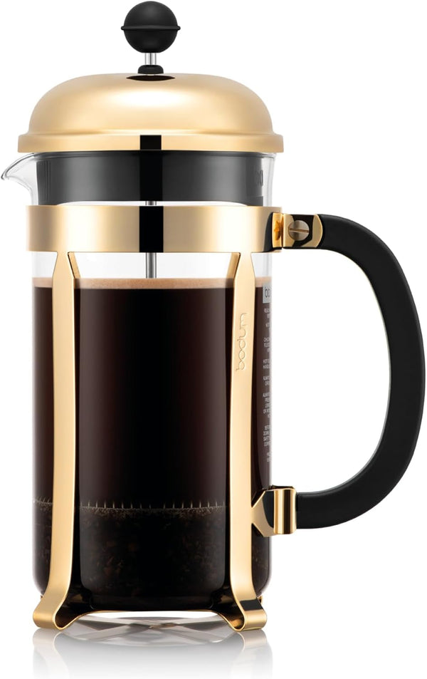 Cafetieră Bodum French Press Chambord - 1L / 8 căni Gold - Sticlă rezistentă la căldură și filtru din oțel inoxidabil - Cafetieră fără BPA, potrivită pentru mașina de spălat vase - Fabricată în Portugalia
