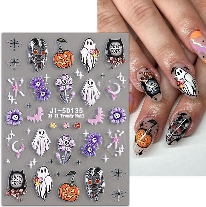 JMEOWIO 3D Nagelsticker Halloween Nail Art Sticker Selbstklebend Nagelaufkleber 5D Stereoskopisch Süßer Geisterkürbis Dekoration Nageldesign Zubehör 4 Blatt