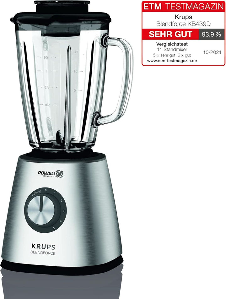 Krups KB439D Blendforce 2 Standmixer | 800 Watt | 5 Geschwindigkeiten | Pulsfunktion | 1,75 Liter Thermoglasbehälter (Nutzvolumen: 1,25 Liter) | Stoßfest | Eiszerkleinerer | Edelstahl