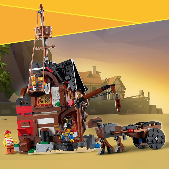 Set navă pirat LEGO Creator 3 în 1, jucărie cu 3 opțiuni de construcție, construiește o tavernă pirat sau o insulă pirat cu craniu, include 3 minifigurine pentru aventuri de rol 31109