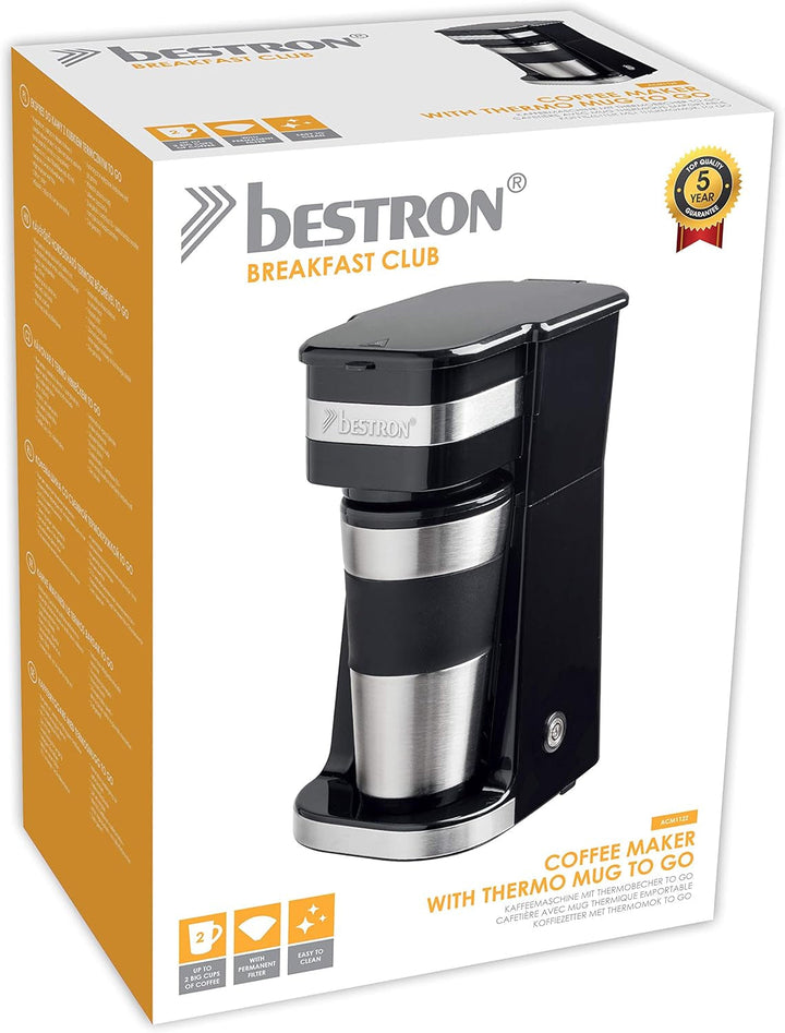Espressor Bestron cu cană izolată, espressor de camping pentru cafea măcinată la filtru, espressor mic pentru 2 cești mari, 750 wați, culoare: negru/argintiu
