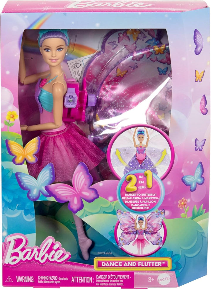 Păpușa Barbie Dance And Flutter cu transformare 2 în 1 de la dansatoare la fluture cu aripi care se deschid, păr violet, bijuterii de păr și tutu detașabil, HXJ10