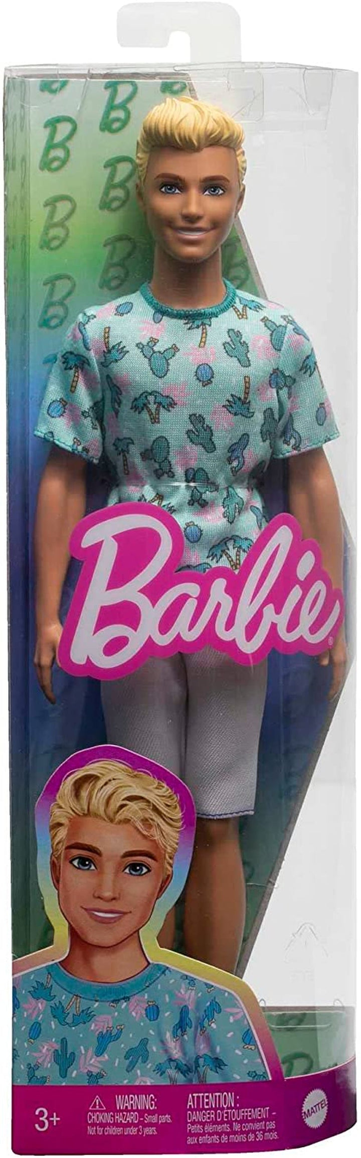 Păpușă Barbie Ken Fashionistas - tricou cu imprimeu de cactus și palmier, pantaloni scurți albi și adidași, perfect pentru aventuri cu prietenii și plimbări prin oraș, pentru copii de la 3 ani în sus, HJT10