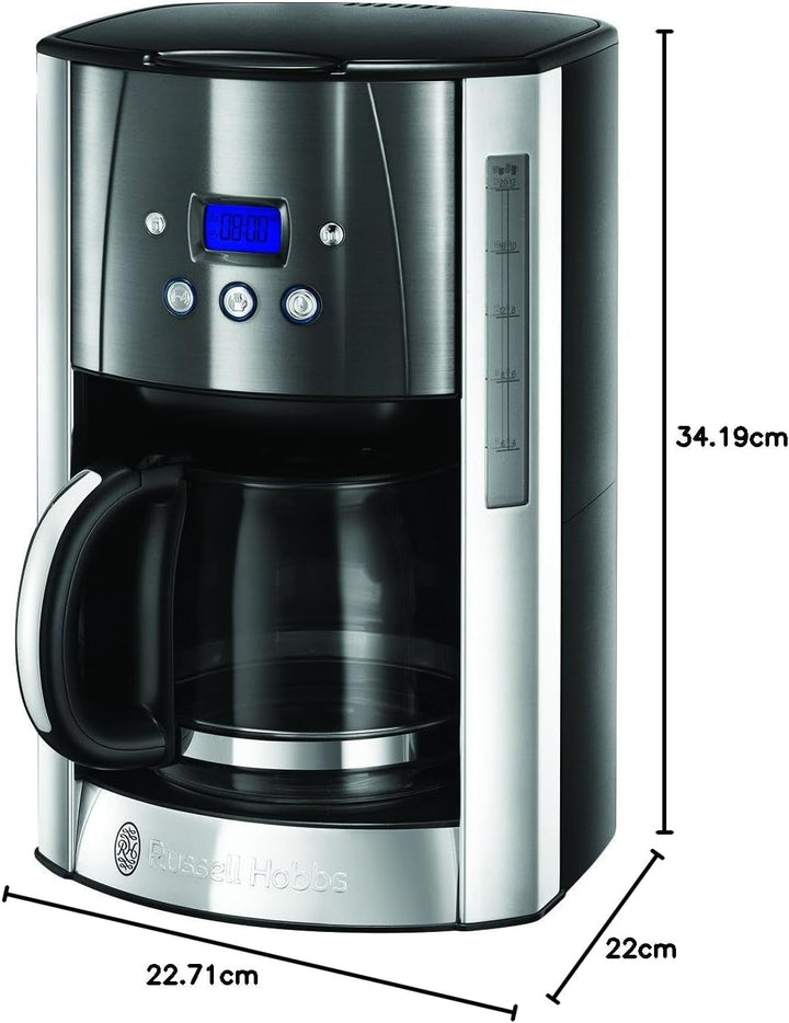 Cafetiera Russell Hobbs [cronometru digital, cap efervescent pentru extracție și aromă optime] Luna Grey (Max 12 cești, halbă de sticlă de 1,5L, placă de menținere la cald, 1000W) Filtru de cafea 23241-56