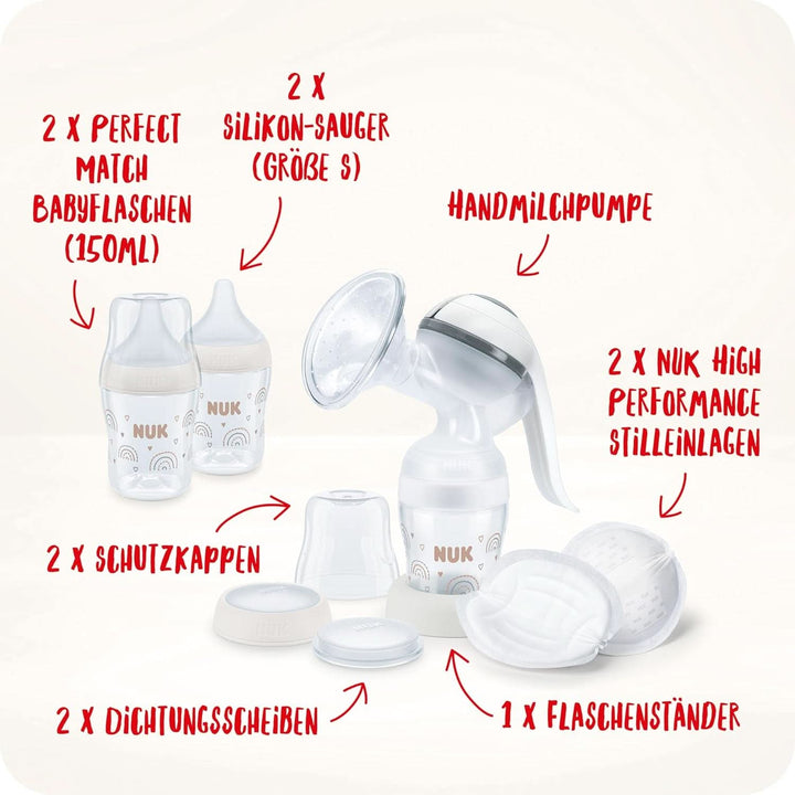 NUK Handmilchpumpen-Set | Weiches Silikonkissen | Ergonomischer Pumphebel | 2 Perfect Match Babyflaschen | 150 Ml | 2 NUK High-Performance Einwegstilleinlagen