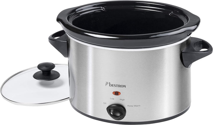 Bestron Slowcooker Für 4 Personen, Schongarer Mit Keramikpfanne & Glasdeckel, 3 Stufen-Thermostat, Ideal Für Viele Gerichte Wie Fleisch, Suppen & Gemüse, 3.5 Liter, Farbe: Silber