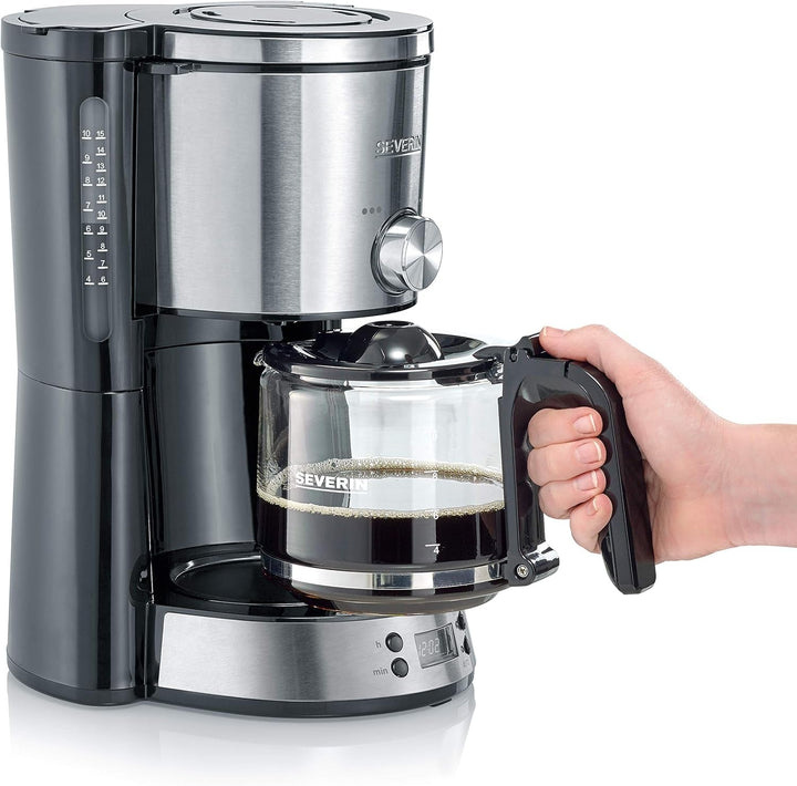 SEVERIN Cafetiera "Typeswitch" cu ulcior de sticlă și cronometru, comutator de aromă pentru alegerea a 2 opțiuni de preparare, ceas digital cu funcție de cronometru, pentru până la 10 cești, 1.000 W, oțel inoxidabil negru periat, KA 4826