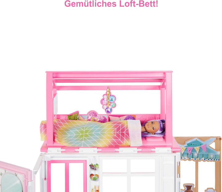Casă de păpuși Barbie (70.6 X 51.4 Cm) cu 4 zone de joacă, accesorii și mobilier complet mobilate, rotativă 360°, pliabilă, păpușă, cadou pentru copii de la 3 ani, HHY40