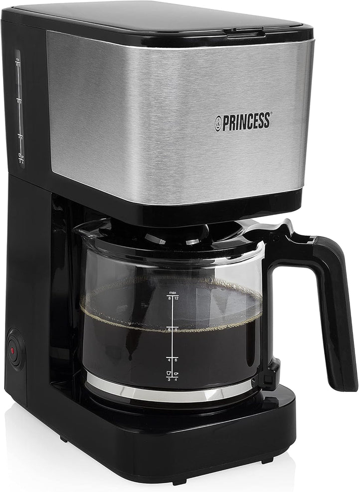 Cafetiera cu filtru Princess - ulcior de sticlă de 0,75 litri, 8 cești, oțel inoxidabil Cu filtru permanent, 600 Watt, 246030, negru, argintiu