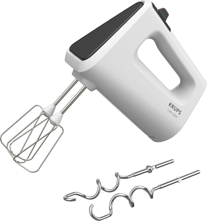 Krups GN4001 3 Mix 4000 Handmixer | 450 Watt | Robustes Design | Variabler Geschwindigkeitsregler | Turbo- Und Auswurf-Funktion | Inkl. 2 Rührbesen Und 2 Knethaken | Weiß/Grau