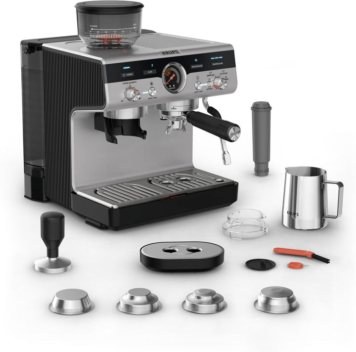 Krups Precision Mașină portafilter manuală Cu râșniță, Mașină de cafea Barista Cu panou de control intuitiv, Setări de pre-infuzie, Mașină espresso Cu duză de abur, Încălzire rapidă, XP801T10