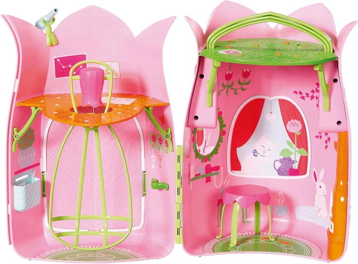 BABY Born Storybook Cottage, Casă de păpuși pliabilă pentru păpuși de 18 cm cu masă, șemineu, șezlong și telescop, roz verde, 833803 Zapf Creation