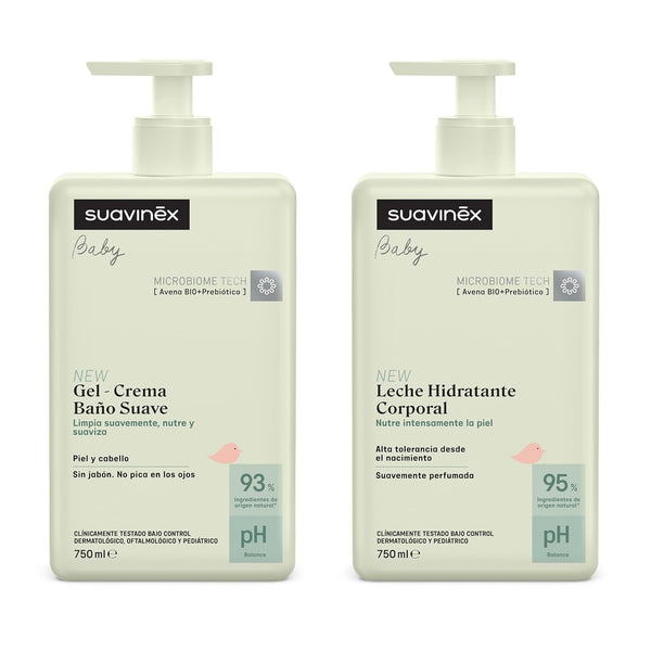 Suavinex, Syndet șampon pentru copii pentru piele și păr, fără săpun, 750 ml + loțiune hidratantă pentru corp, 750 ml, potrivit pentru pielea sensibilă și nou-născut, cu 90%-93% ingrediente naturale.