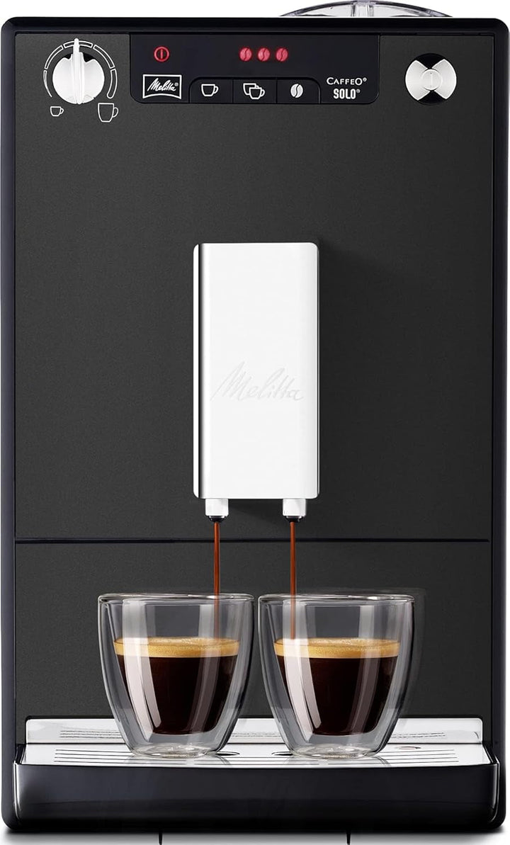 Melitta Solo - Mașină de cafea complet automată cu gura de scurgere reglabilă pe înălțime, Mașină de cafea mică cu rezervor de apă detașabil, De exemplu, pentru espresso sau cremă de cafea, Negru pur
